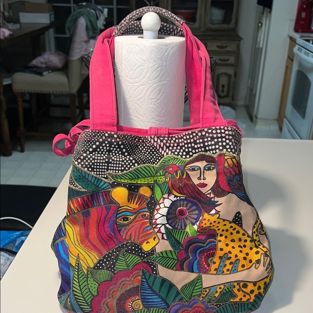 Laurel Burch Hot Pink Multicolor Illustrated Canvas Tote